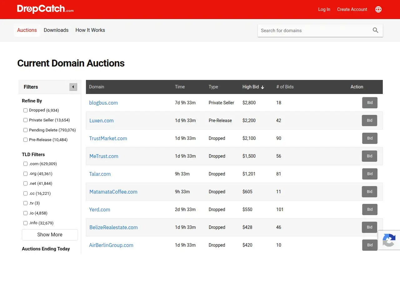 DropCatch auctions page listing caught domains with current bids, bid counts and Dropped or Pre-Release type labels, alongside TLD filters showing hundreds of thousands of pending delete names